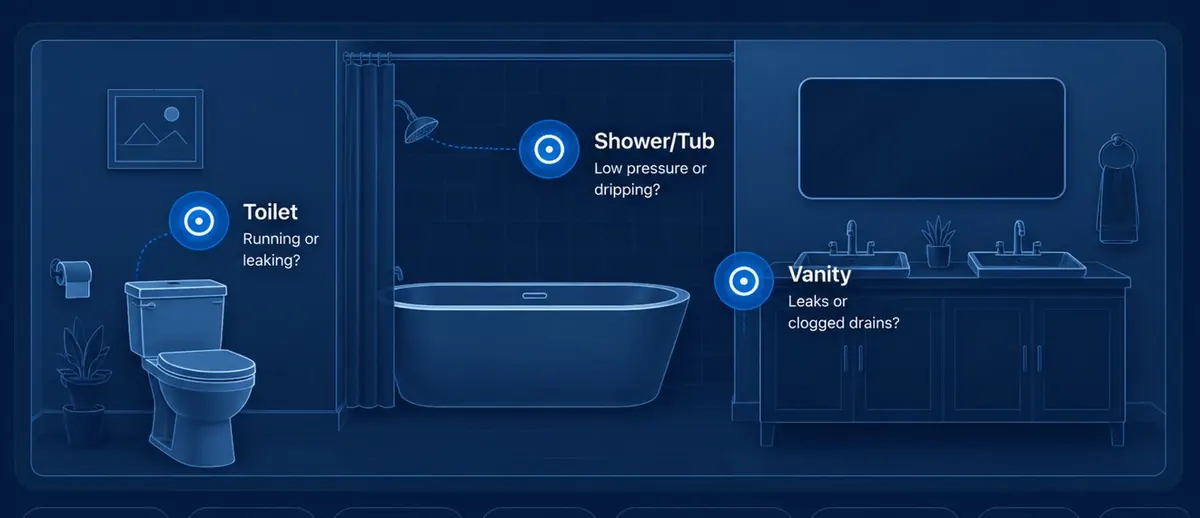 Bathroom plumbing diagram — tap a highlighted area for help